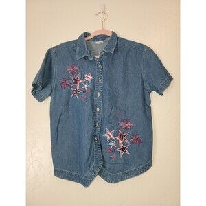Cabin Creek Womens M 4th of July Patriotic Denim Button Up Short Sleeve T-Shirt